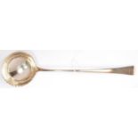 A GEORGE III SILVER SOUP LADLE, OLD ENGLISH PATTERN WITH GADROONED BOWL, CRESTED, 35CM L, BY