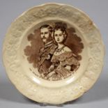 ROYAL WEDDING, 1858. A BRITISH COMMEMORATIVE SEPIA PRINTED EARTHENWARE CHILD'S PLATE WITH HALF