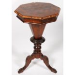 A VICTORIAN ROSEWOOD, WALNUT AND INLAID WORK TABLE, THE OCTAGONAL TOP 48 X 48CM Top repolished and