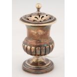A GEORGE III CAMPANA SHAPED SILVER CASTER AND COVER, CRESTED, 8.5CM H, MARKS RUBBED, LONDON 1814,