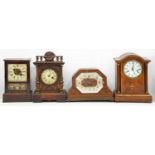 FOUR VARIOUS INLAID WALNUT OR OTHER WOOD MANTEL CLOCKS AND TIMEPIECES, 32CM H AND SMALLER, LATE 19TH