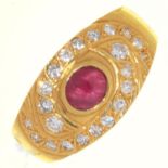 A RUBY AND DIAMOND RING WITH SINGLE CENTRAL RUBY CABOCHON, IN GOLD MARKED 750, 7.1G, SIZE O½ Good