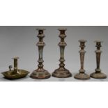A PAIR OF VICTORIAN PLATED CANDLESTICKS, 32CM H, TWO OTHER CANDLESTICKS AND A 19TH C BRASS