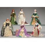 SIX SIMILAR ROYAL WORCESTER BONE CHINA FIGURES OF HM QUEEN ELIZABETH II AND FIVE OTHER REGAL LADIES,