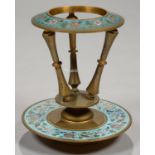 A FRENCH GILT BRASS AND CHAMPLEVE ENAMEL VASE - STAND, THE RIM AND FOOT ENCIRCLED BY BIRDS AND