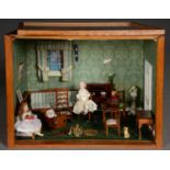 DIORAMA. A FURNISHED DOLL'S SITTING ROOM IN EARLY VICTORIAN STYLE, WITH CHAIRS, TABLE, DESK,