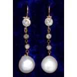A PAIR OF NATURAL PEARL AND DIAMOND EARRINGS, MOUNTED IN SILVER AND GOLD, WIRE LOOPS, PEARLS OF