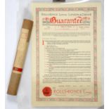 MOTORING MEMORABILIA. ROLLS ROYCE LIMITED, MOTOR CAR GUARANTEE, ISSUED TO T. J. HUGHES ESQUIRE