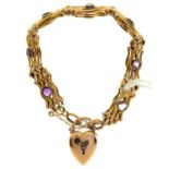 AN EDWARDIAN AMETHYST AND GOLD GATE BRACELET MARKED 9C AND CONTEMPORARY GYPSY SET AMETHYST AND 9CT
