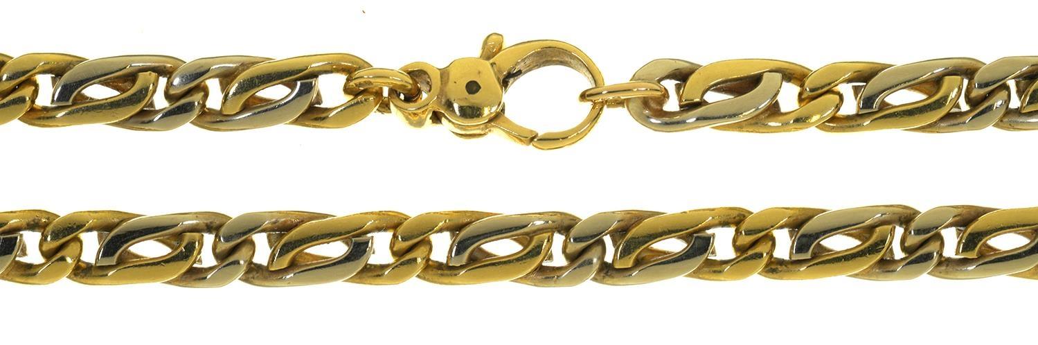 AN 18CT TWO COLOUR GOLD NECKLACE, 400MM LONG, IMPORT MARKED LONDON 1980, 54.2G Light wear only