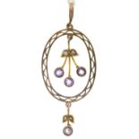 AN AMETHYST, SPLIT PEARL AND OVAL GOLD OPENWORK PENDANT, 42MM EXCLUDING LOOP, MARKED 9C, EARLY