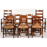 TWELVE SIMILAR VICTORIAN FRUITWOOD AND ASH RUSH SEATED DINING CHAIRS, ON TURNED FORE LEGS WITH