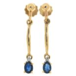 A PAIR OF SAPPHIRE AND DIAMOND EARRINGS, IN GOLD, 25 MM, MARKED 375, 1.9G Good condition. Light