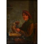 FOLLOWER OF DAVID TENIERS THE ELDER, PEASANT HOLDING A GLASS OF ALE, OIL ON PANEL, 22 X 16CM