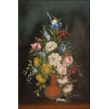 20TH C SCHOOL, STILL LIFE WITH FLOWERS, SIGNED R. ROSSINI, ACRYLIC ON CANVAS, 89 X 59CM, HARRY