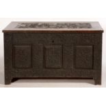 A CHEST INCORPORATING A CARVED AND PANELLED OAK CHEST FRONT, DATED 1764, THE PANELS WITH INITIALS OR