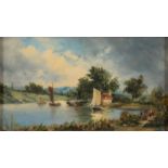 BRITISH SCHOOL, 19TH C, A RIVER SCENE, SIGNED WITH INITIALS I H, OIL ON BOARD, 13.5 X 23.5CM