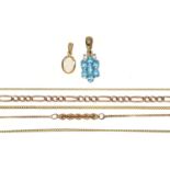 THREE GOLD CHAINS AND TWO ZIRCON OR OPAL SET GOLD PENDANTS, 10G AND TWO GOLD PLATED CHAINS The lot