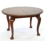 A MAHOGANY DINING TABLE ON CABRIOLE LEGS, WITH A LEAF, 70CM H; 105 X 150CM Old knocks and scratches,