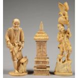 A TOKYO SCHOOL IVORY FIGURE OF A MAN HOLDING A TERRAPIN, FAULTS, ANOTHER JAPANESE IVORY FIGURE OF