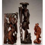 THREE SOUTH EAST ASIAN CARVED WOOD FIGURES, 21-41CM H No substantial damage, good condition