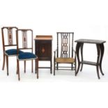 A PAIR OF EDWARDIAN MAHOGANY AND LINE INLAID BEDROOM CHAIRS, A RUSH SEATED, STAINED BEECH CHAIR, A