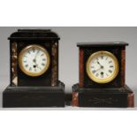 TWO FRENCH BELGE NOIR AND MARBLE TIMEPIECES WITH ENAMEL DIAL, 21 AND 26.5CM H Good condition,