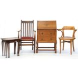 A BENTWOOD ARMCHAIR, A NEST OF TABLES, AN OAK ELBOW CHAIR AND A SMALL OAK BUREAU, EARLY 20TH C