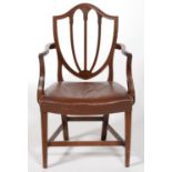 A GEORGE III MAHOGANY SHIELD BACK ELBOW CHAIR, SEAT HEIGHT 45CM, 19TH C Scratches and wear