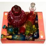A SMALL COLLECTION OF COLOURED GLASS, TO INCLUDE A CRANBERRY FLASHED AND CUT GLASS DECANTER As a lot