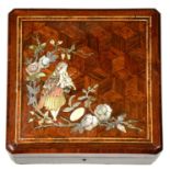 A FRENCH KINGWOOD AND CUBE PARQUETRY JEWEL BOX, C1870 the lid inlaid in brass partly silvered,