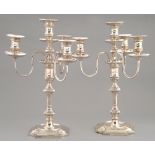 A PAIR OF VICTORIAN SILVER CANDELABRA of four lights, 39cm h, by Hawksworth, Eyre & Co Ltd,