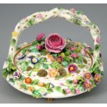 A RARE ROCKINGHAM FLORAL ENCRUSTED POT POURRI BOWL AND COVER, C1832-40 with entwined handle on