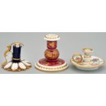 THREE SPODE TAPERSTICKS  COMPRISING A "VAN DYKE CANDLESTICK", "GLOBE BODIED CANDLESTICK" AND "FLAT