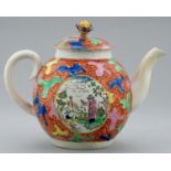 A CREAMWARE GLOBULAR TEAPOT AND COVER, C1790 with flower knop, transfer printed to either side