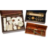 MISCELLANEOUS PHARMACEUTICAL CERAMICS INCLUDING AN OINTMENT JAR IN A VICTORIAN MAHOGANY BOX, 19TH