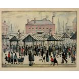 LAURENCE STEPHEN LOWRY, RA (1887-1976)  MARKET SCENE reproduction printed in colour, signed by the