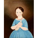 BRITISH NAIVE ARTIST, 19TH CENTURY  PORTRAIT OF A GIRL three quarter length in a blue dress clasping