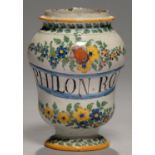 AN ITALIAN MAIOLICA COVERED DRUG JAR, LATE 18TH C  painted in manganese on a blue label PHILON