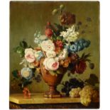 FRENCH SCHOOL, 19TH CENTURY   STILL LIFE WITH FLOWERS IN AN URN AND GRAPES ON A MARBLE LEDGE  oil on