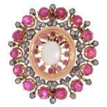 A RUBY, DIAMOND AND OPAL BROOCH-PENDANT in gold, 40mm, 18g Good condition