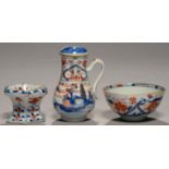 A CHINESE IMARI HEXAGONAL SALT CELLAR, HOT MILK JUG, COVER AND BOWL, ALL 18TH,  THE FIRST EARLY 18TH