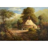 BRITISH SCHOOL, 19TH CENTURY FIGURES PASSING A HALF TIMBERED HOUSE ON A COUNTRY ROAD  oil on canvas,