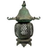 A JAPANESE BRONZE LANTERN, 19TH/EARLY 20TH C  with domed hexagonal top and rounded sides, one hinged