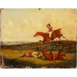 ENGLISH SCHOOL, 19TH CENTURY HUNTING  INCIDENTS a pair, inscribed verso, oil on artist's board, 23.5