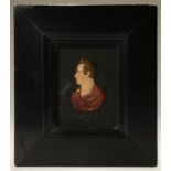 A POLYCHROME WAX PORTRAIT RELIEF OF LORD BYRON, 19TH C ebony veneered frame, portrait 8.5cm h, frame