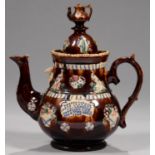 FOOTBALL INTEREST.  A  BARGEWARE TEAPOT AND COVER, DATED 1902 sprigged with birds, baskets of