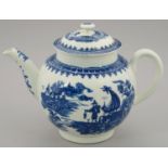 A WORCESTER BLUE AND WHITE TEAPOT AND COVER, C1790   with button knop and printed with the Fisherman