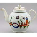 A PRATTWARE GLOBULAR TEAPOT AND COVER, C1810  naively painted with a landscape to either side,