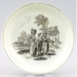 A WORCESTER OVER GLAZE PRINTED SAUCER, C1770  Milkmaid PATTERN , signed in the print RH with